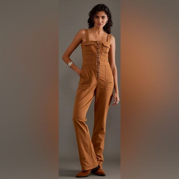 Good American‎ NEW Jumpsuit Womens Medium Brown Lace Up Utility Twill Cargo - Picture 14 of 16